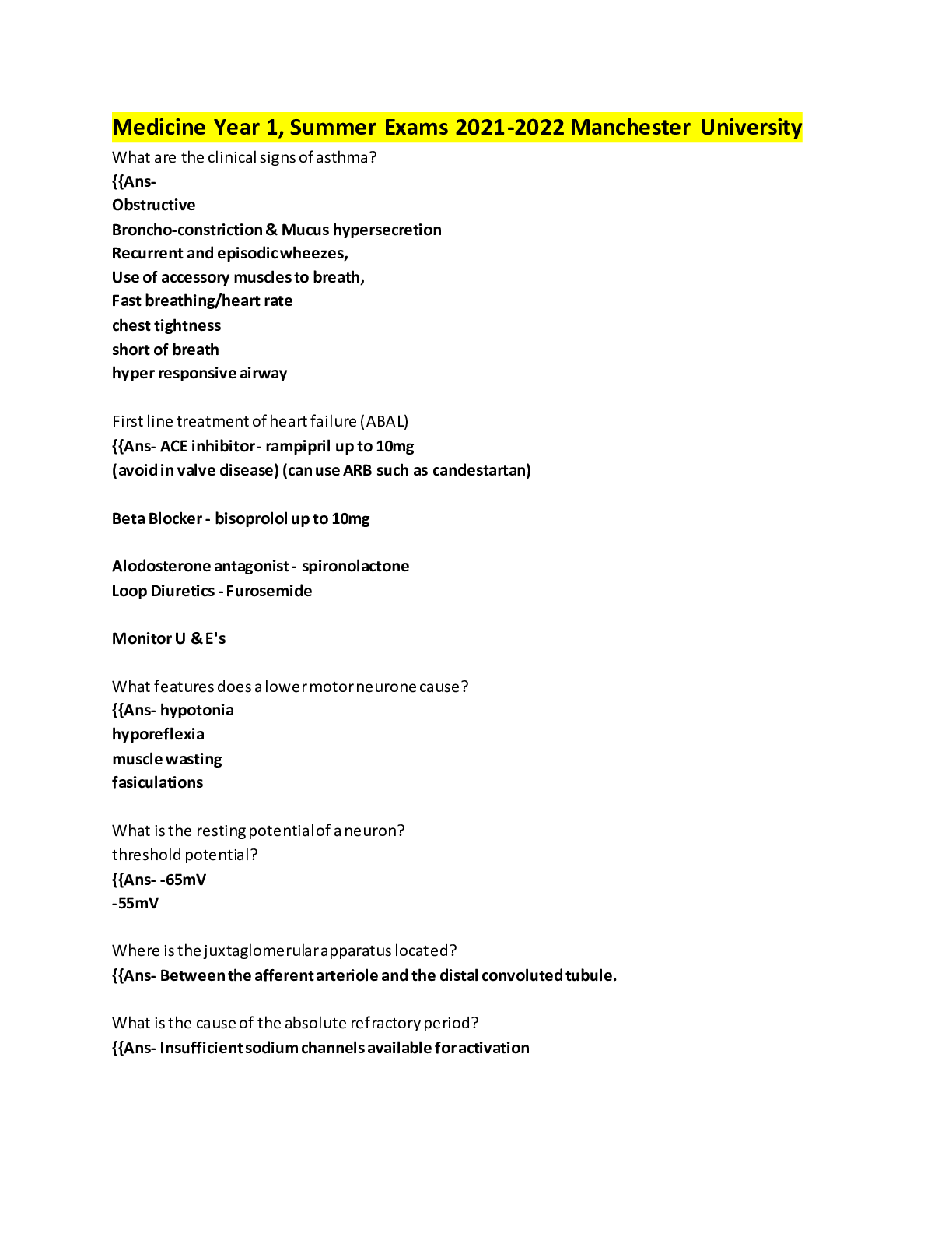 Preview image for Medicine Year 1, Summer Exams 2021-2022 Manchester  University